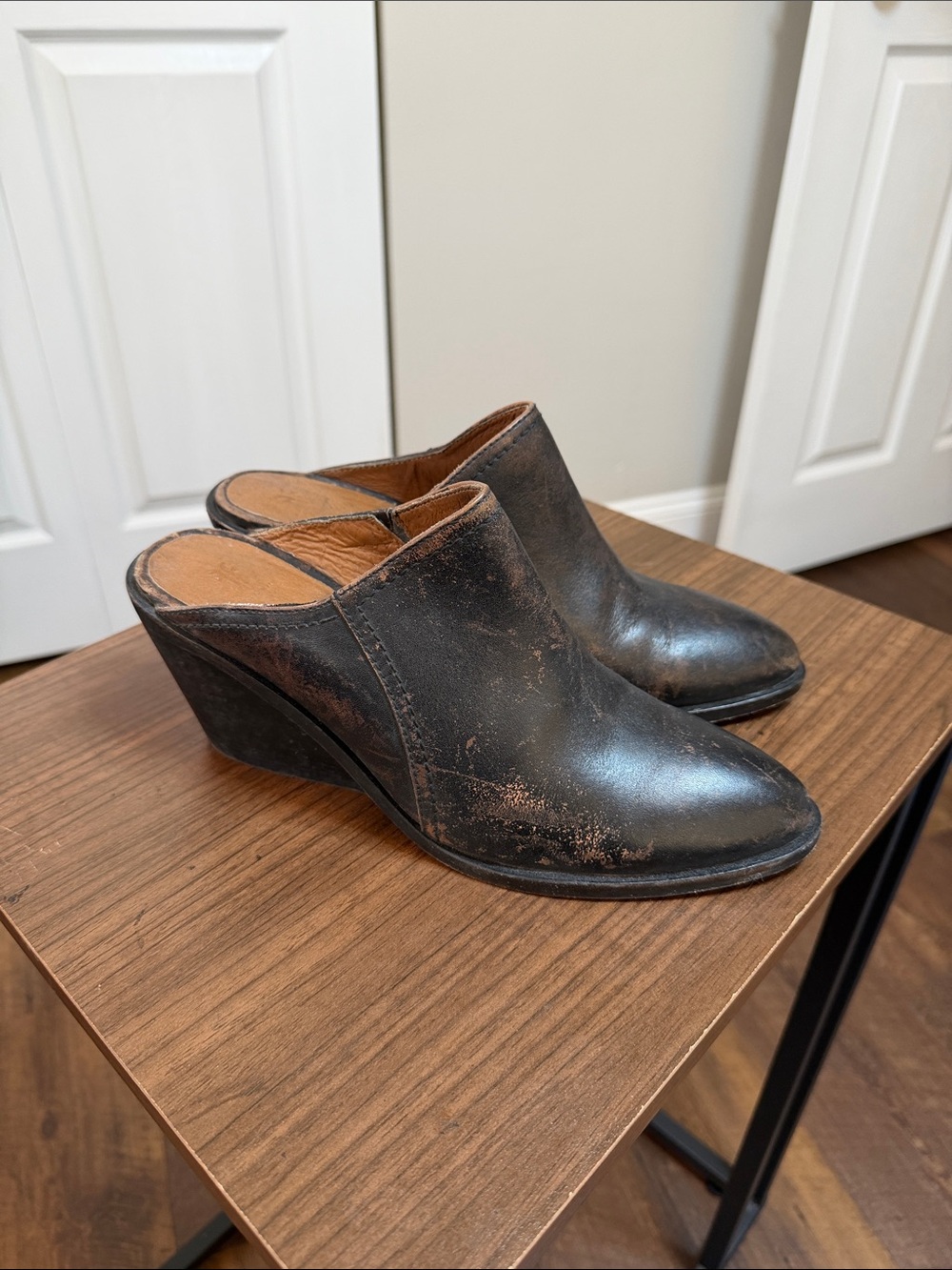Frye Black Leather Wedge Mule Clogs